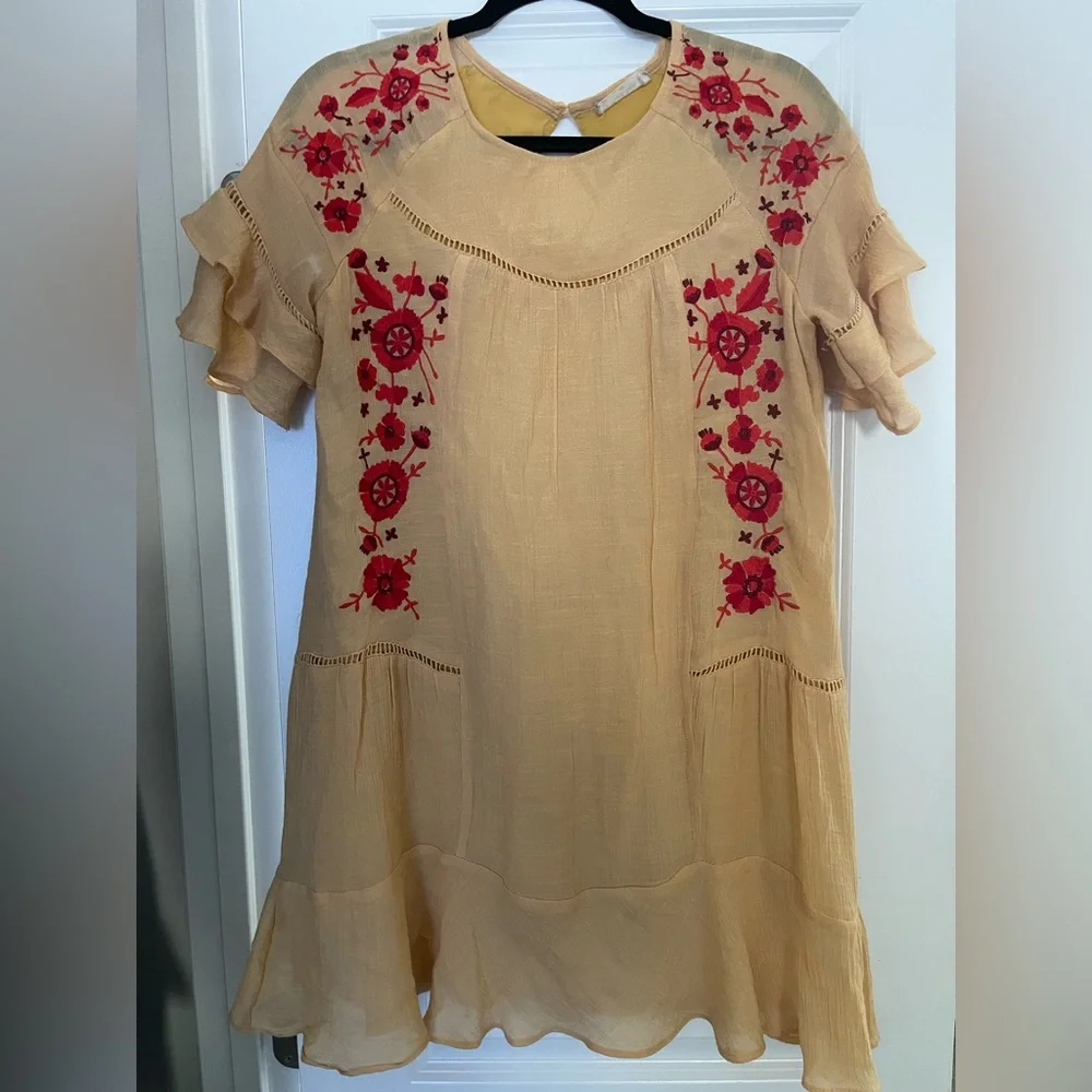 Altar’d State Boho Embroidered Ruffle Sleeve Mini Dress Yellow Red Floral XS - Picture 2 of 5